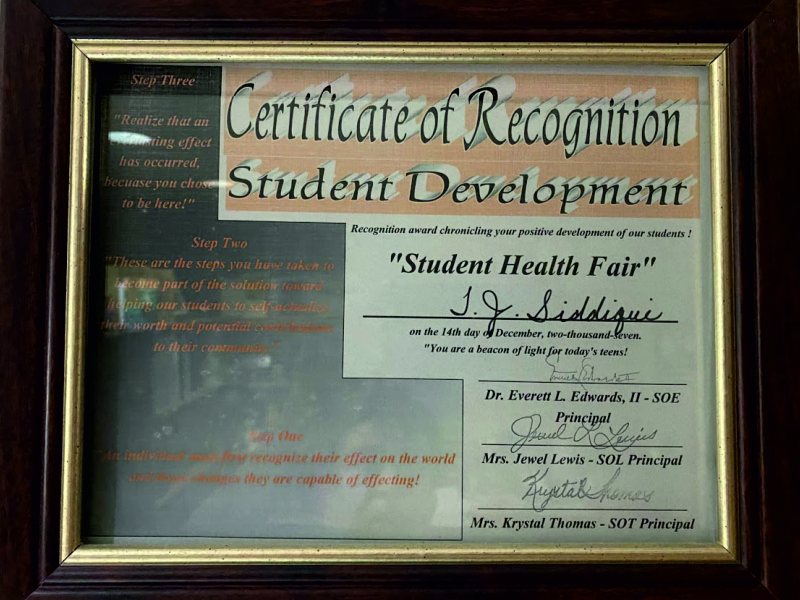 Student Development — Certificate of Recognition — Student Health Fair